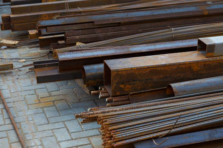 Abstract background of a wholesale metal warehouse. Selective focus with shallow depth of field.の写真素材