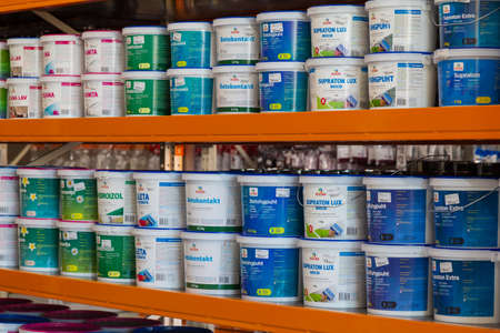 October 14, 2020 Balti or Beltsy Moldova Building materials store. Illustrative editorial. Wide range of paintsのeditorial素材