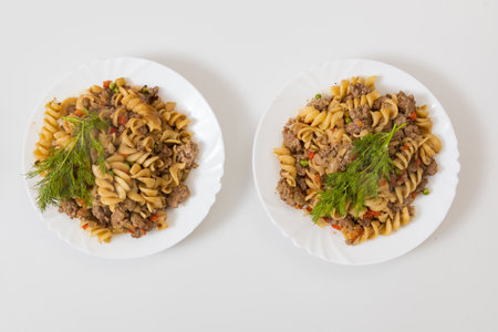 Pasta with minced meat. A traditional naval dish. Backgroundの写真素材