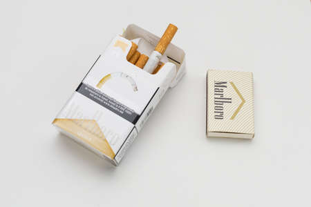 January 8, 2020 Balti Moldova a pack of Marlboro cigarettes on a light background. Illustrative editorial.のeditorial素材