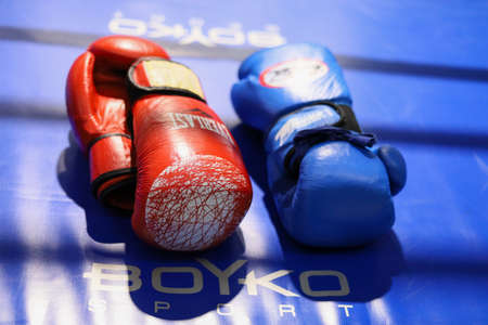 January 11, 2021 Balti Moldova abstract background on the theme of boxing and martial arts. Illustrative editorial. Defocused boxing gloves with selective focus and blurred backgroundのeditorial素材