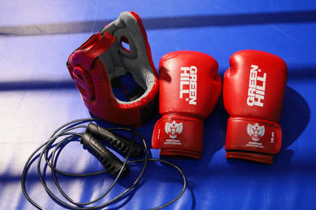 January 11, 2021 Balti Moldova abstract background on the theme of boxing and martial arts. Illustrative editorial. Defocused boxing gloves with selective focus and blurred backgroundのeditorial素材