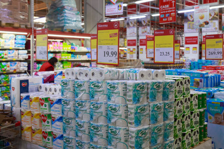 February 7, 2021 Balti Moldova Large store or supermarket. Illustrative editorial. Abstract blurred background of hygiene departmentのeditorial素材