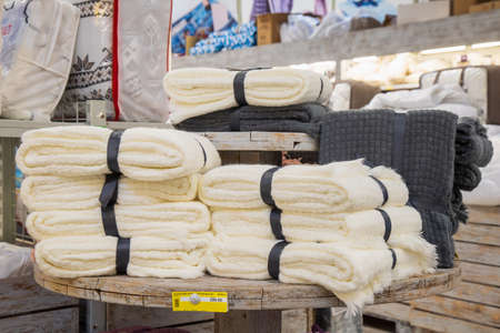 February 11, 2021 Balti Moldova Huge chain supermarket, illustrative editorial. Showcase with blanketsのeditorial素材