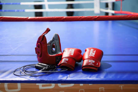 January 11, 2021 Balti Moldova abstract background on the theme of boxing and martial arts. Illustrative editorial. Defocused boxing gloves with selective focus and blurred backgroundのeditorial素材