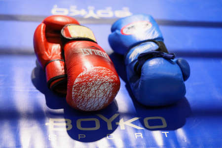 January 11, 2021 Balti Moldova abstract background on the theme of boxing and martial arts. Illustrative editorial. Defocused boxing gloves with selective focus and blurred backgroundのeditorial素材