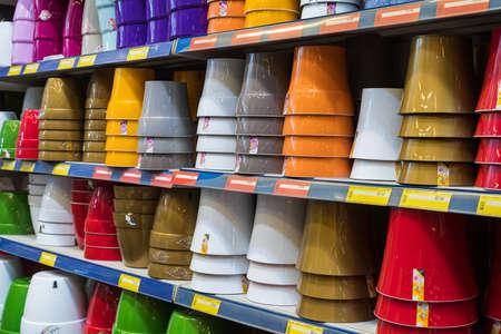 February 24, 2021 Balti Moldova. Huge supermarket, garden department. Pots for seedlings and indoor...