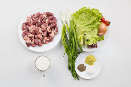Chicken hearts, offal. Raw ingredients for home cooking. Selective focusの写真素材