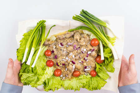 Offal dish. Chicken hearts. Home cooking or culinary background abstract. Homemade dish.の写真素材