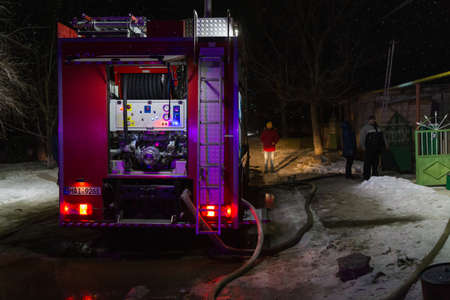 February 17, 2021 Balti or Beltsy Moldova abstract background of fire engine operation in the dark....