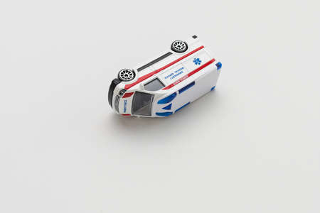 January 8, 2020 Balti Moldova toy ambulance car on a light background. An important structure in the...