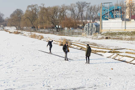 19 january 2021 Balti Moldova A frozen lake or body of water in the winter snowy season. Background