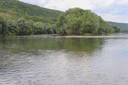Very beautiful river water surface. Natural green background. Selective focus