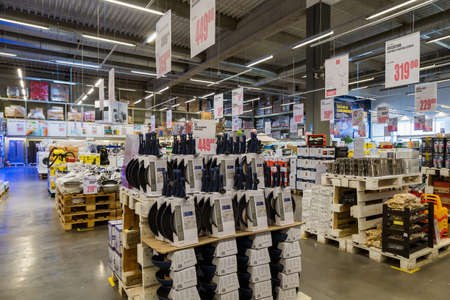 March 23, 2021 Balti Moldova supermarket or wholesale hypermarket. Department of goods for the kitchen. Illustrative editorial. Pans kitchen utensilsのeditorial素材