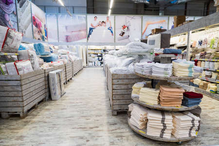 March 23, 2021 Balti Moldova supermarket or wholesale hypermarket. Department of goods for the kitchen. Illustrative editorial. Textile towelsのeditorial素材