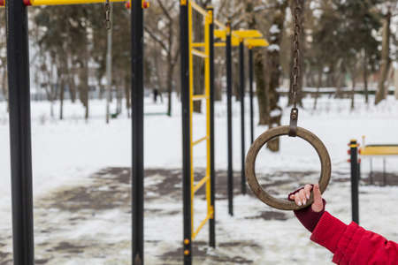 Injury playground or unsafe gymnastic equipment. Torn off ring. Copy space for text or inscriptions....