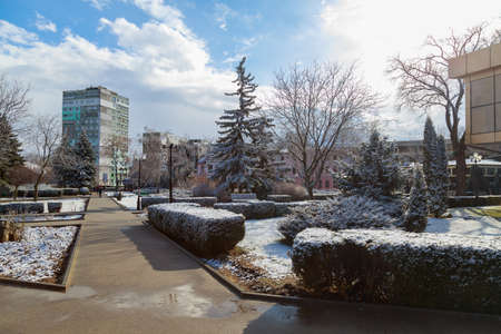 March 23, 2021 Balti, Moldova, a rare natural phenomenon for the spring time - snow. Illustrative editorial. Backgroundのeditorial素材