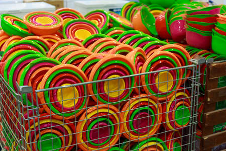 March 23, 2021 Balti Moldova supermarket or wholesale hypermarket. Department of goods for the kitchen. Illustrative editorial. Plastic food bowlsのeditorial素材