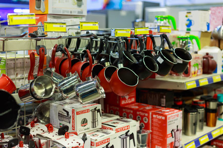 March 23, 2021 Balti Moldova supermarket or wholesale hypermarket. Department of goods for the kitchen. Illustrative editorial.のeditorial素材