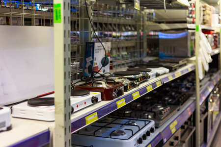 March 23, 2021 Balti Moldova supermarket or wholesale hypermarket. Department of goods for the kitchen. Illustrative editorial. Showcase with gas stovesのeditorial素材