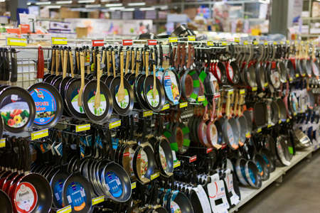 March 23, 2021 Balti Moldova supermarket or wholesale hypermarket. Department of goods for the kitchen. Illustrative editorial. Pans kitchen utensilsのeditorial素材