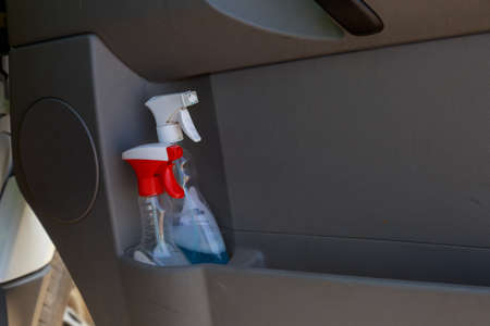 March 25, 2021 Balti Moldova, disinfectants in the cabin of a bus or public transport. Illustrative editorialのeditorial素材