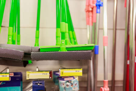 March 31, 2021 Balti Moldova, Supermarket or wholesale store by type of warehouse, department of cleanliness and household chemicals. Illustrative editorial. Showcase with mop ragsのeditorial素材