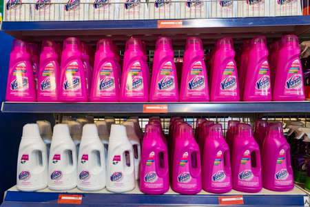 March 31, 2021 Balti Moldova, Supermarket or wholesale store by type of warehouse, department of cleanliness and household chemicals. Illustrative editorial. Whiteness and bleachesのeditorial素材