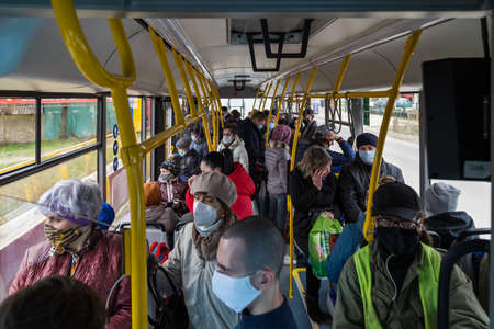 April 1, 2021 Balti Moldova, Public transport passengers. Illustrative editorial. Background