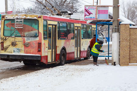 February 1, 2021 Balti Moldova public transport stop in the city. Illustrative editorialのeditorial素材