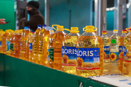 March 23, 2021 Balti Moldova Farm sunflower oil in plastic bottles at the street market. Illustrative editorial.のeditorial素材