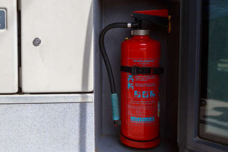 March 25, 2021 Balti Moldova fire extinguisher in the passenger compartment. Public transport safety. Illustrative editorialのeditorial素材