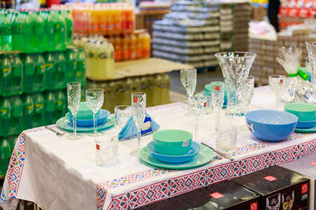 March 23, 2021 Balti Moldova supermarket or wholesale hypermarket. Department of goods for the kitchen. Illustrative editorial. Showcase with dishes for a feast.のeditorial素材