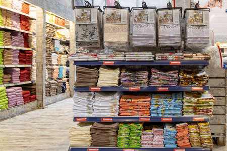 April 22, 2021 Beltsy Moldova goods on the market shelf. Supermarket showcase. Illustrative editorial. Face and body towelsのeditorial素材