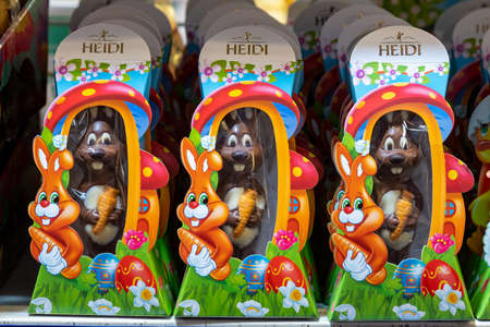 April 22, 2021 Beltsy Moldova goods on the market shelf. Supermarket showcase. Illustrative editorial. Traditional Easter chocolate sweetsのeditorial素材