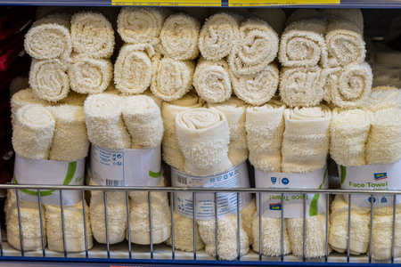 April 22, 2021 Beltsy Moldova goods on the market shelf. Supermarket showcase. Illustrative editorial. Face and body towelsのeditorial素材