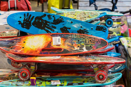 April 12, 2021 Beltsy, Moldova goods on the market shelf. Supermarket showcase. Illustrative editorial. Skateboardsのeditorial素材