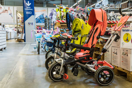 April 12, 2021 Beltsy, Moldova goods on the market shelf. Supermarket showcase. Illustrative...