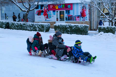 February 1, 2021 Balti or Beltsy, Moldova evening sledding on the citys central hill. Illustrative editorial. Backgroundのeditorial素材