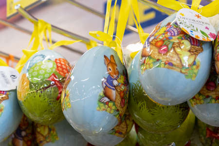 April 22, 2021 Beltsy Moldova goods on the market shelf. Supermarket showcase. Illustrative editorial. Decorative easter eggsのeditorial素材