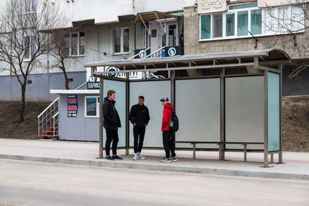 April 1, 2021 Balti Moldova public transport stop in the urban environment. Illustrative editorial....