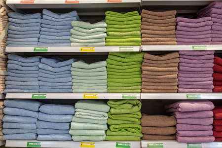 April 22, 2021 Beltsy Moldova goods on the market shelf. Supermarket showcase. Illustrative editorial. Face and body towelsのeditorial素材