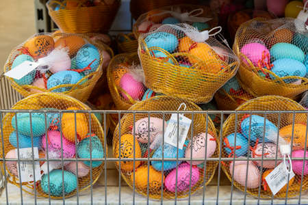 April 22, 2021 Beltsy Moldova goods on the market shelf. Supermarket showcase. Illustrative editorial. Decorative easter eggsのeditorial素材