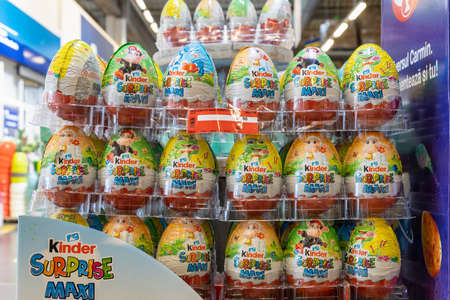 April 22, 2021 Beltsy Moldova goods on the market shelf. Supermarket showcase. Illustrative...