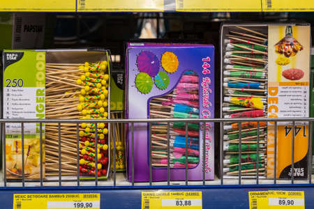 April 12, 2021 Beltsy, Moldova goods on the market shelf. Supermarket showcase. Illustrative...