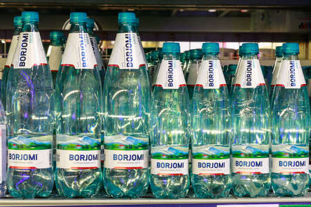 Borjomi mineral water on a store shelf. May 26, 2021 Beltsy Moldova, Illustrative editorial.のeditorial素材