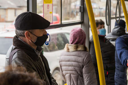 April 1, 2021 Balti Moldova, Public transport passengers. Illustrative editorial. Background