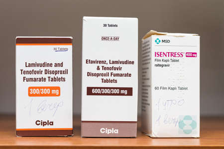 Modern medicines for HIV infection. AIDS pills. Balti, Moldova May 12, 2021. Illustrative editorial. Copy space for text.のeditorial素材