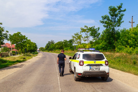 Police car. Background with copy space for text or inscriptions. Illustrative editorial. July 12, 2021 Balti Moldova.のeditorial素材