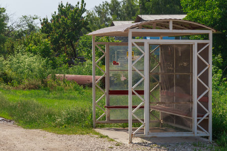 Public transport stop. Illustrative editorial. June 22, 2021 Biruintsa Moldova. Background with copy space for text.のeditorial素材